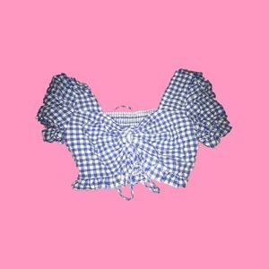 Cropped Drawstring Front Puff Sleeve Buffalo Plaid Top